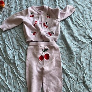 SHEIN Pink Cherry Embroidered Kids Matching Set